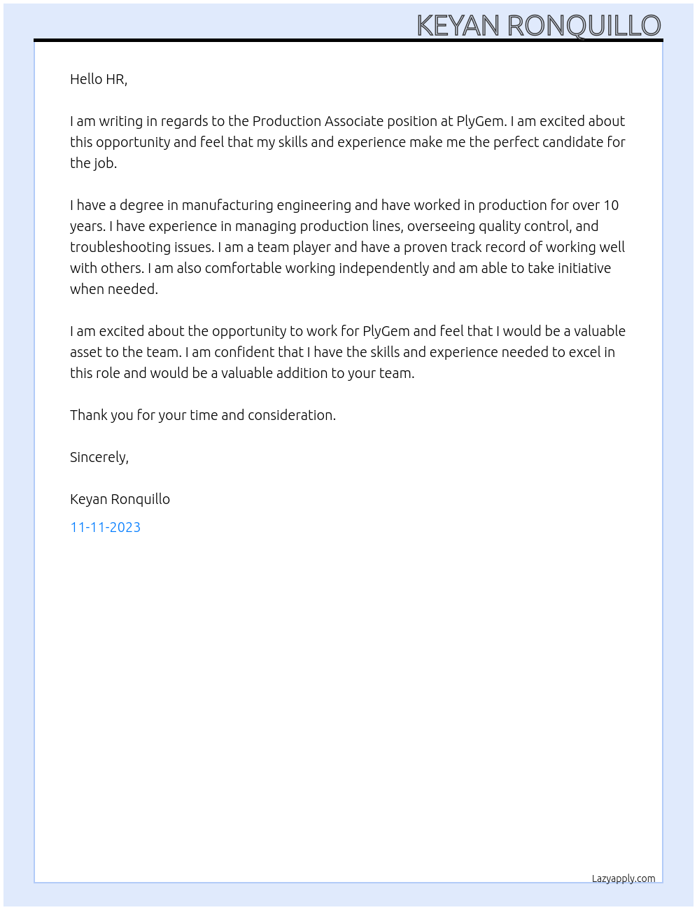 Production Associate At PlyGem Cover Letter