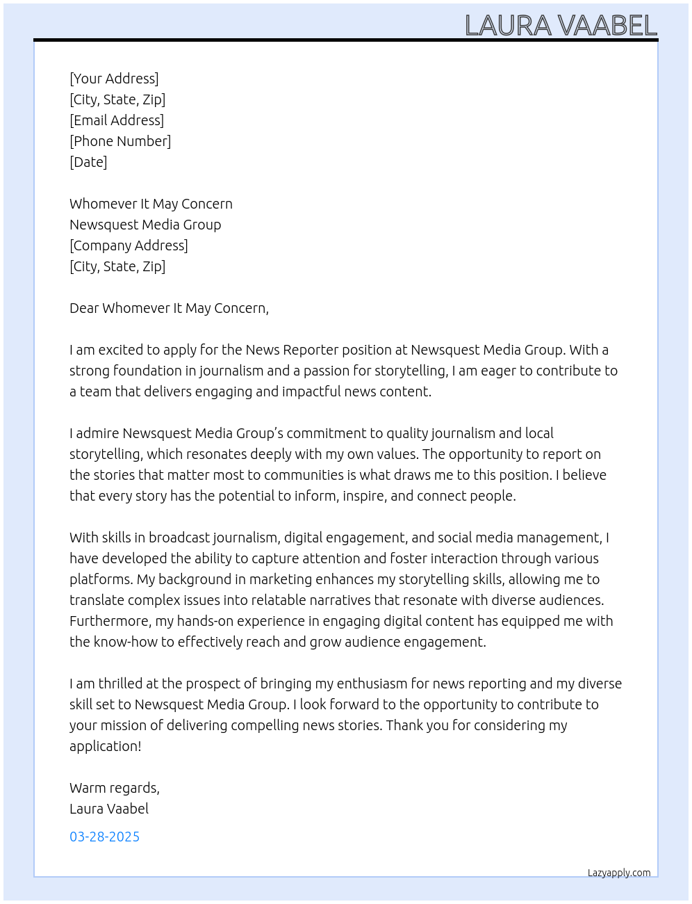 Cover letter for news reporter - LazyApply