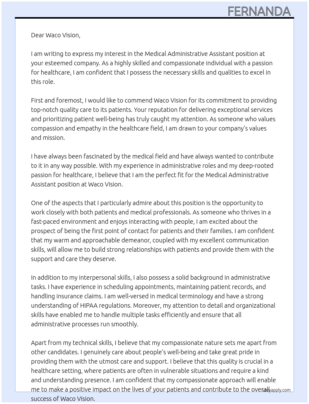 Medical Administrative Assistant At Waco Vision Cover Letter