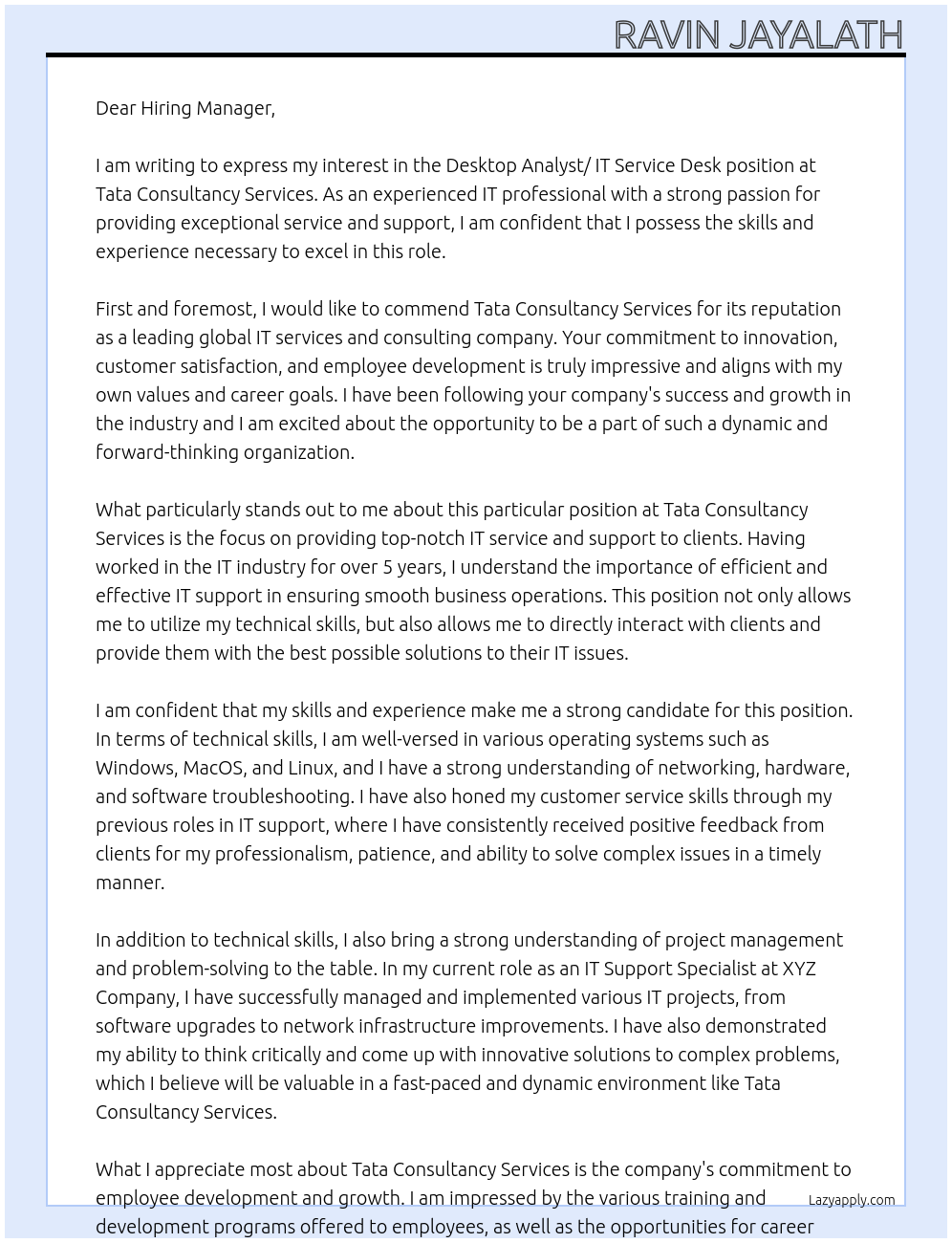 Desktop Analyst/ IT Service Desk At Tata Consultancy Services Cover Letter