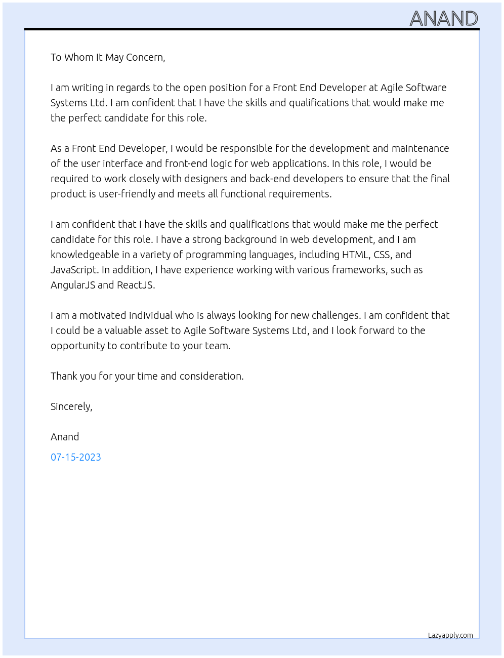 Front end developer At Agile Software Systems Ltd Cover Letter