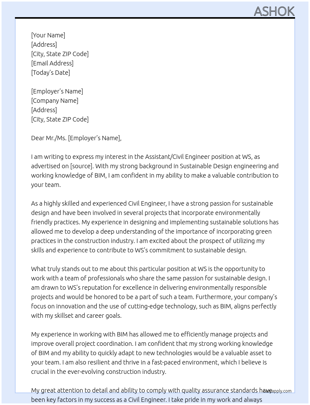Assistant / Civil Engineer At WS Cover Letter
