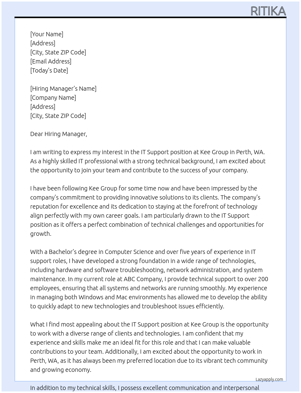 It support At Kee group Cover Letter