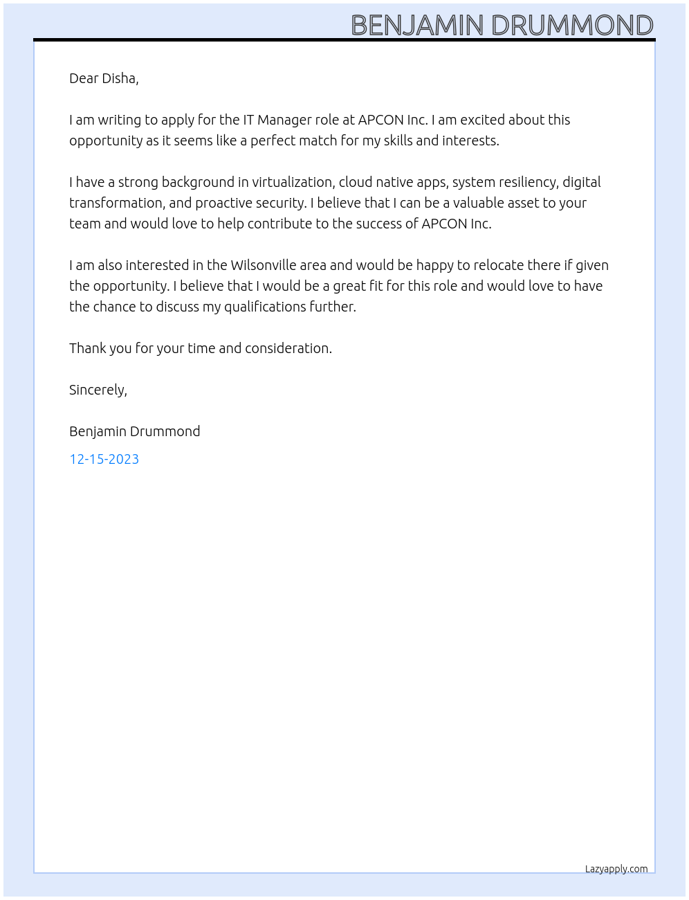 IT Manager At APCON Inc Cover Letter