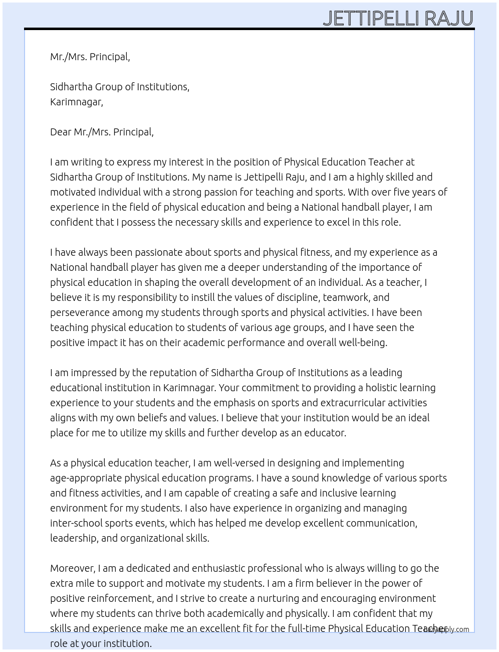 Physical education teacher At Sidhartha Group of institutions Cover Letter