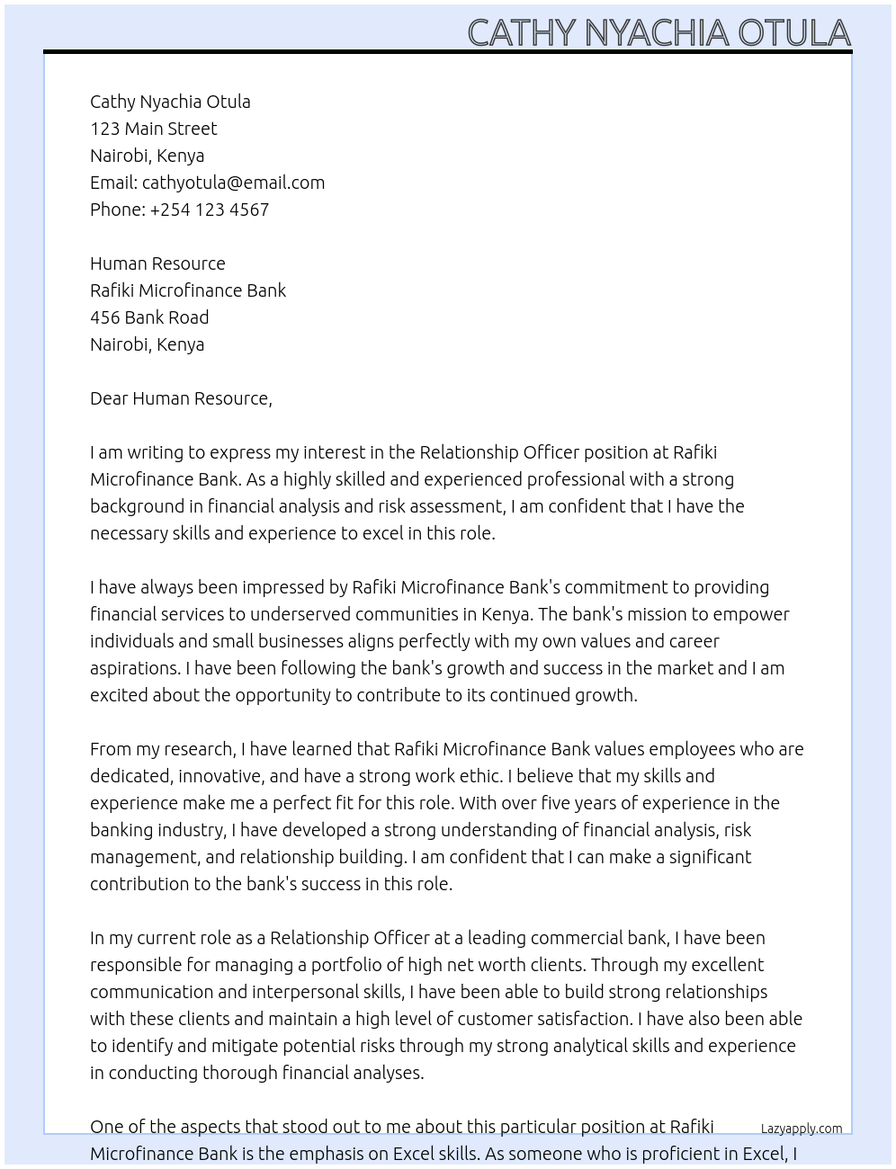 Relationship Officer At Rafiki Microfinance Bank Cover Letter