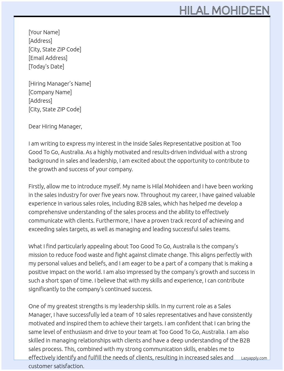 Inside Sales Representative At Too Good To Go, Australia Cover Letter