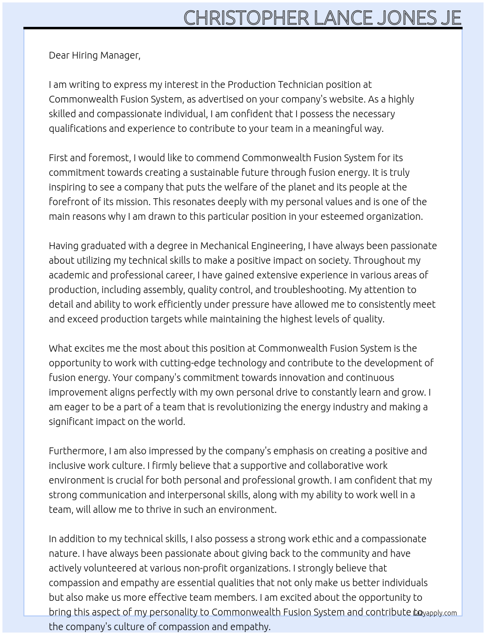 Production Technician At Commonwealth Fusion System Cover Letter