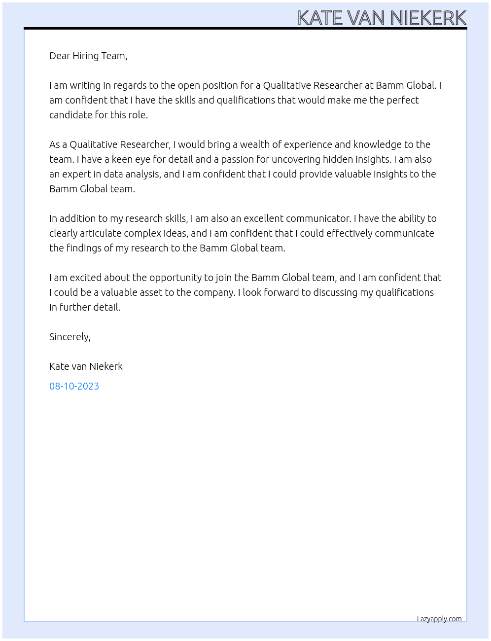 Qualitative researcher At Bamm Global Cover Letter