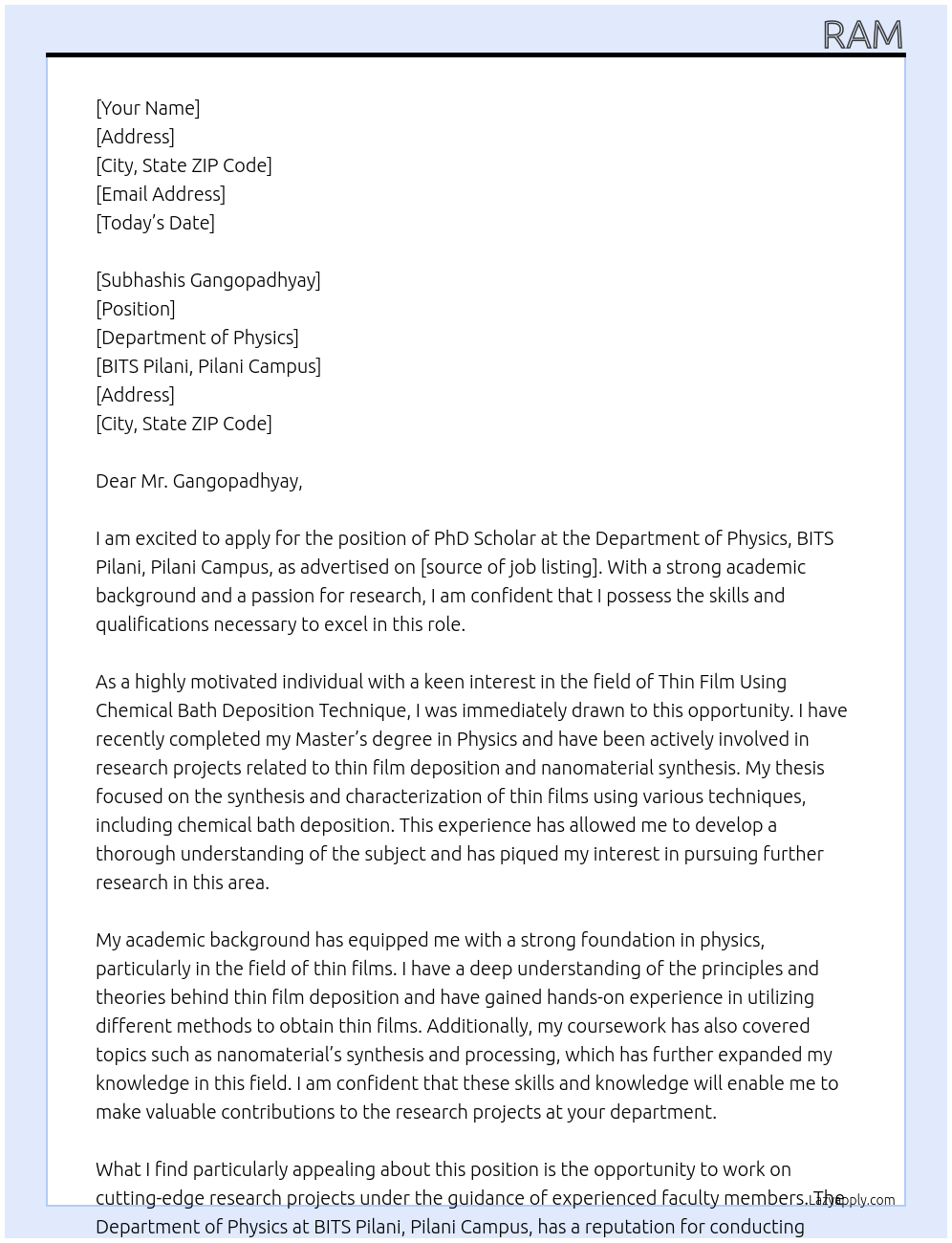 PhD Scholar At Department of Physics, BITS Pilani, Pilani Campus Cover Letter