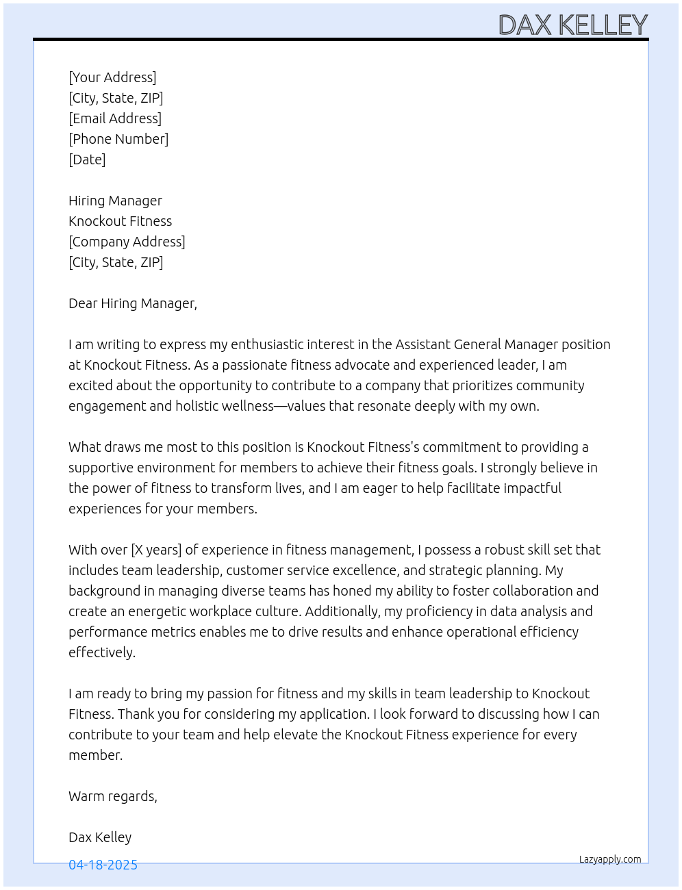 Assistant General Manager At Knockout Fitness Cover Letter