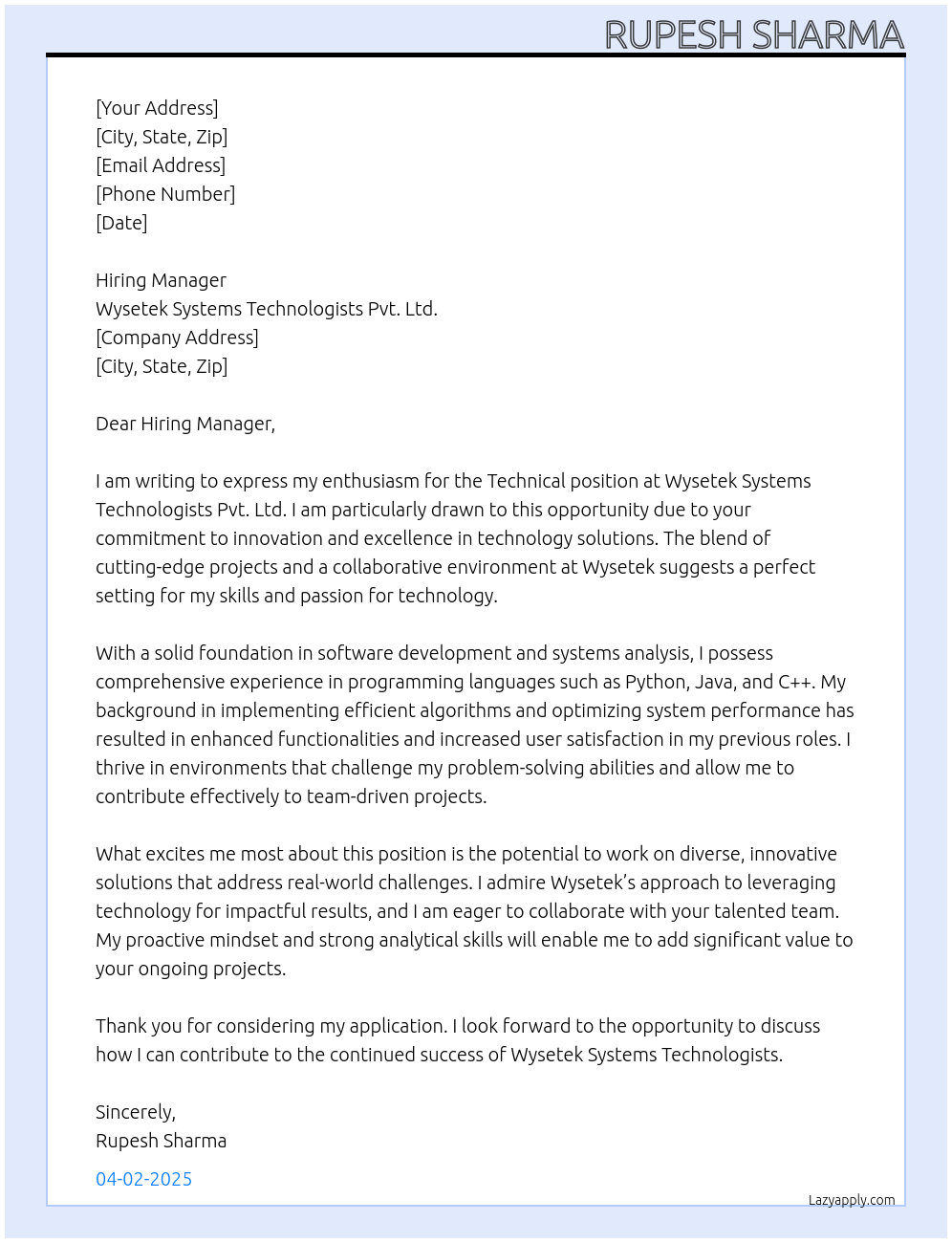 Cover letter for technical - LazyApply