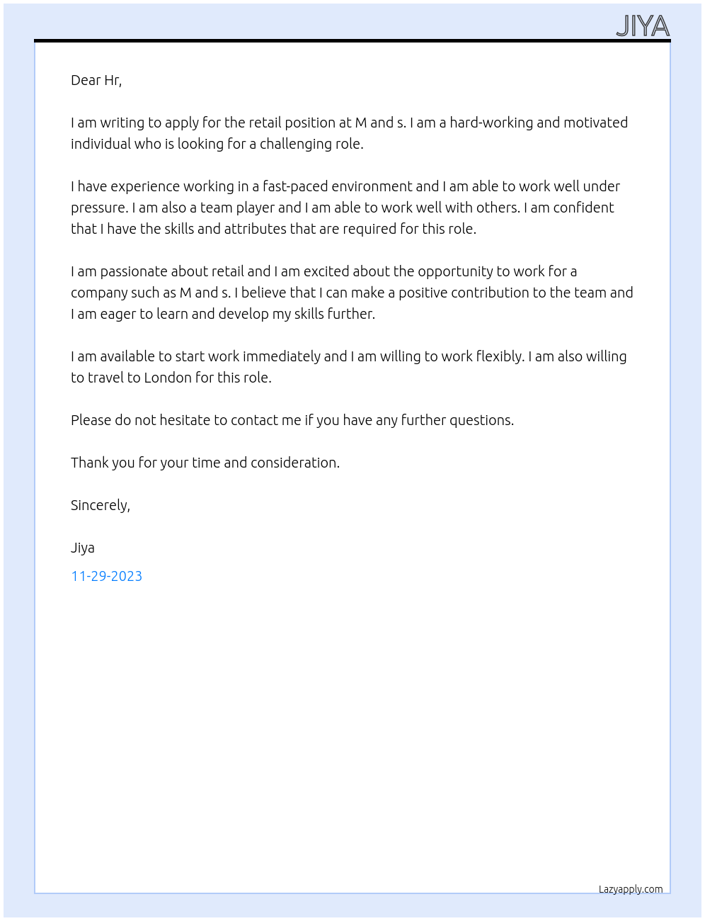 Retail At M and s Cover Letter