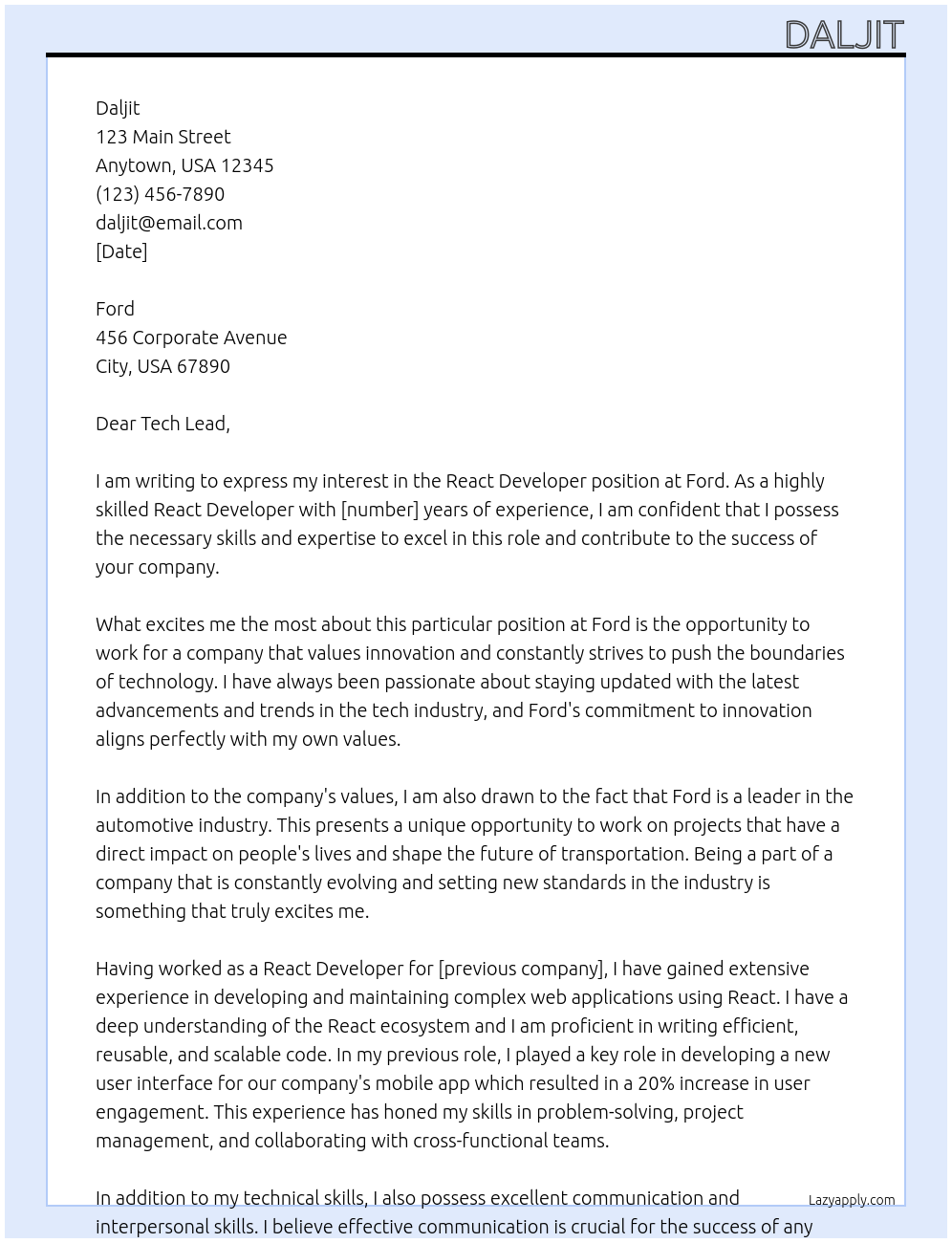 React Developer At Ford Cover Letter