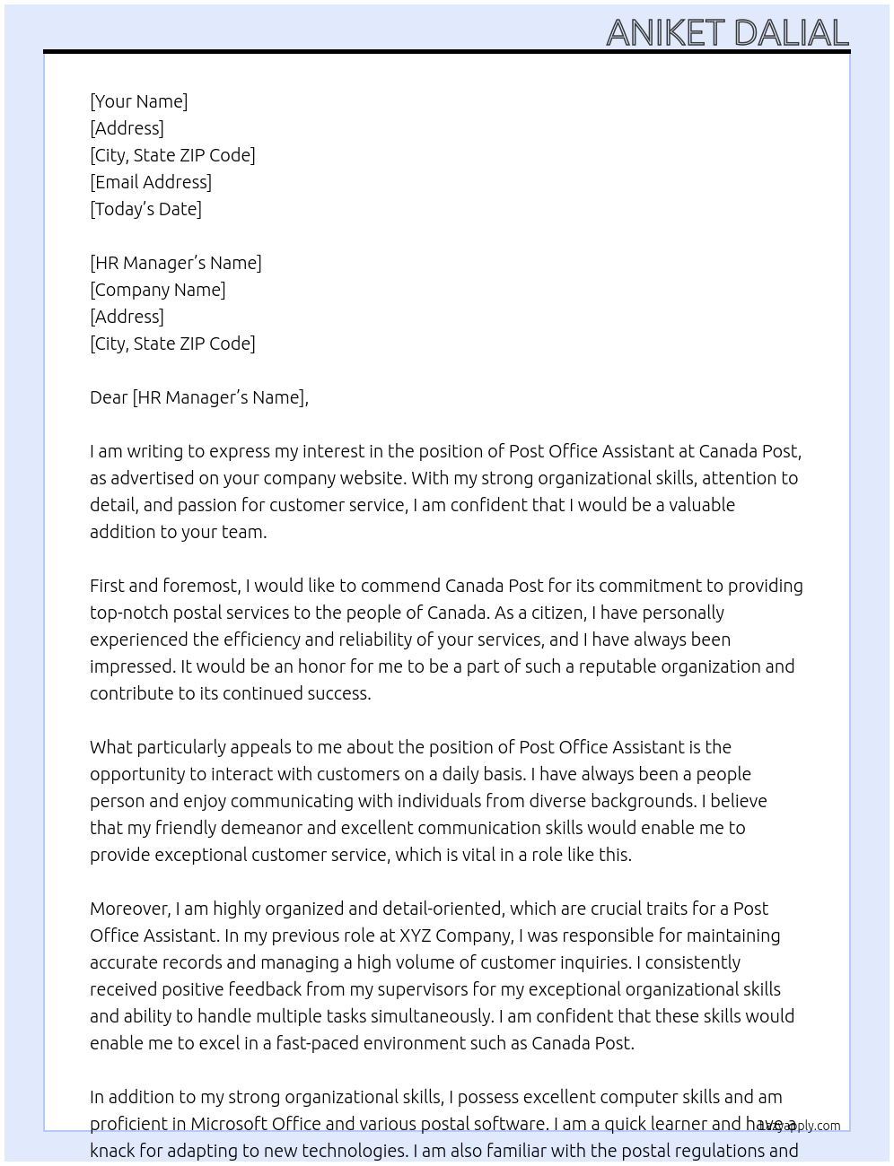 Post office assistant At Canada post Cover Letter