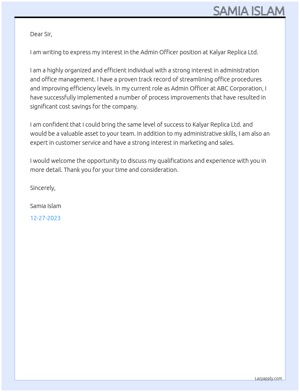 Admin officer At kalyar Replica Ltd Cover Letter