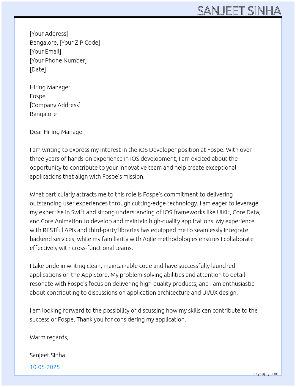 Cover letter for ios developer - LazyApply