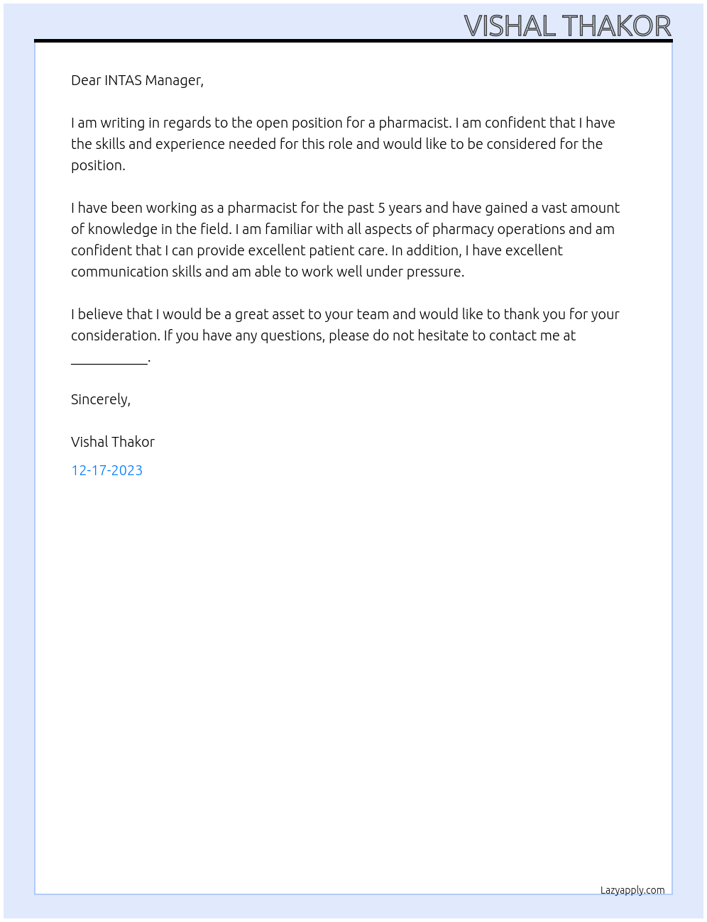 Pharmacist At INTAS Cover Letter