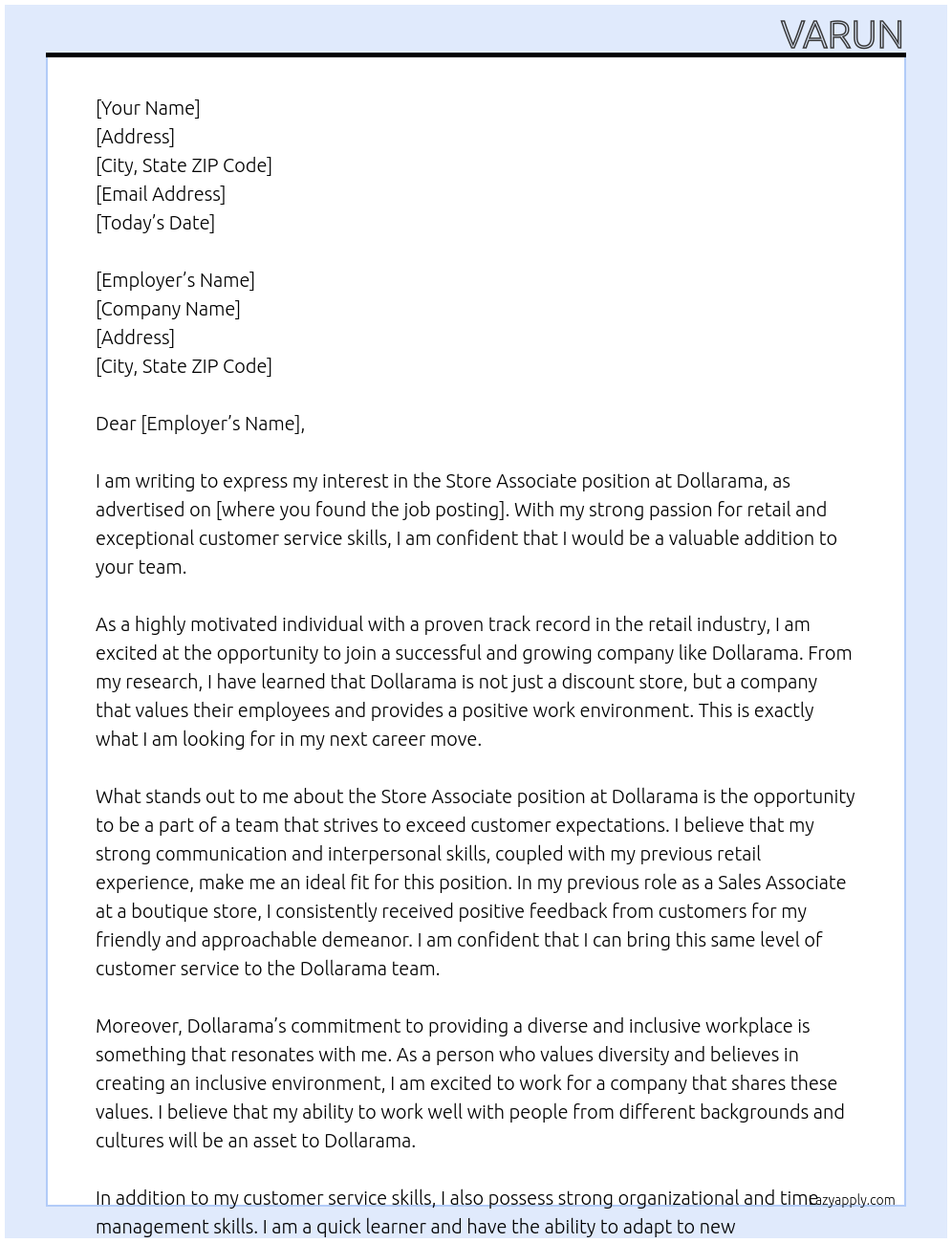 Store Associate At Dollarama Cover Letter