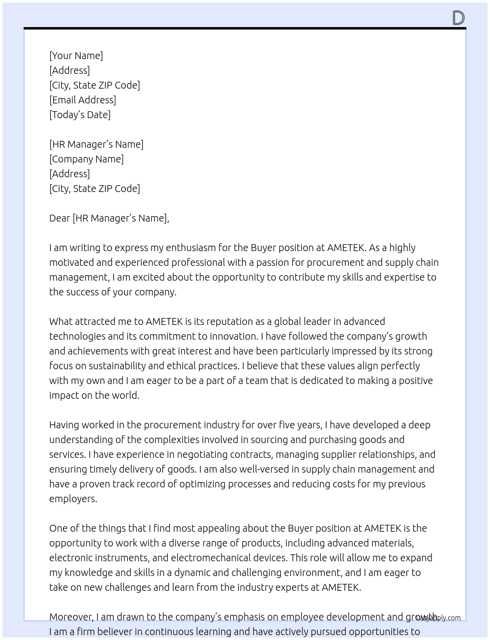 Buyer At AMETEK Cover Letter