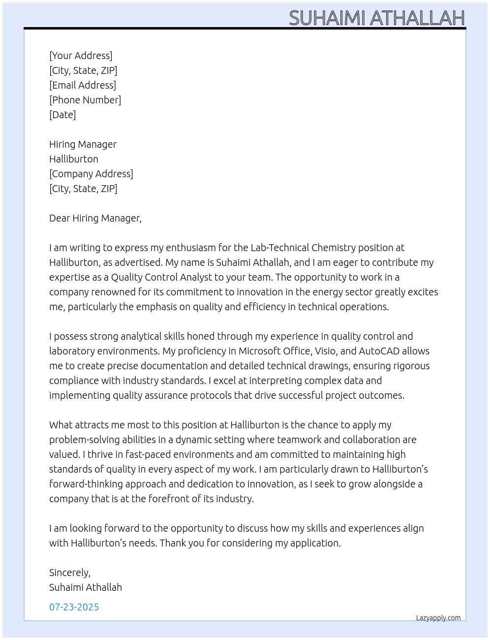Lab-Techical Chemistry At Halliburton Cover Letter