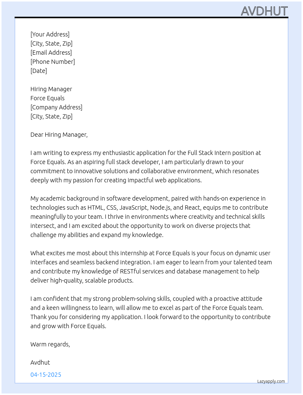 full stack intern At Force Equals Cover Letter