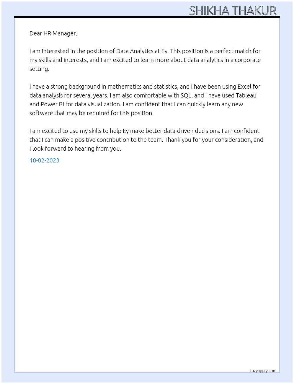 Data Analytics  At Ey Cover Letter