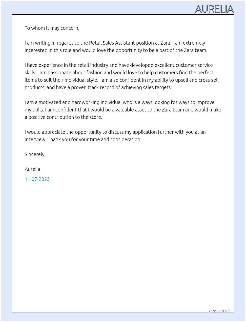 Retail Sales Assistant At Zara Cover Letter