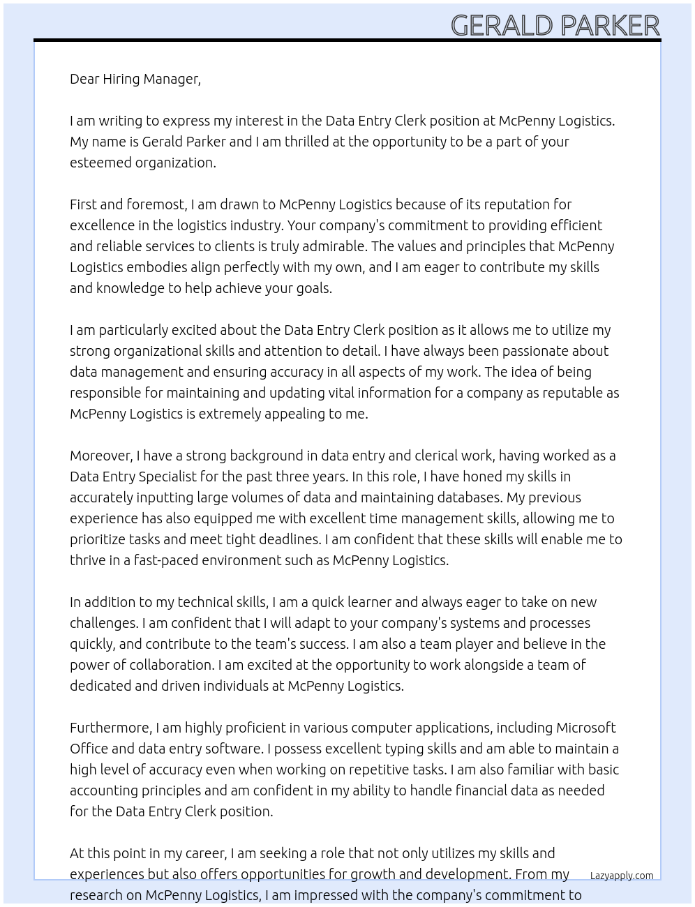 Data Entry Clerk At McPenny Logistics Cover Letter