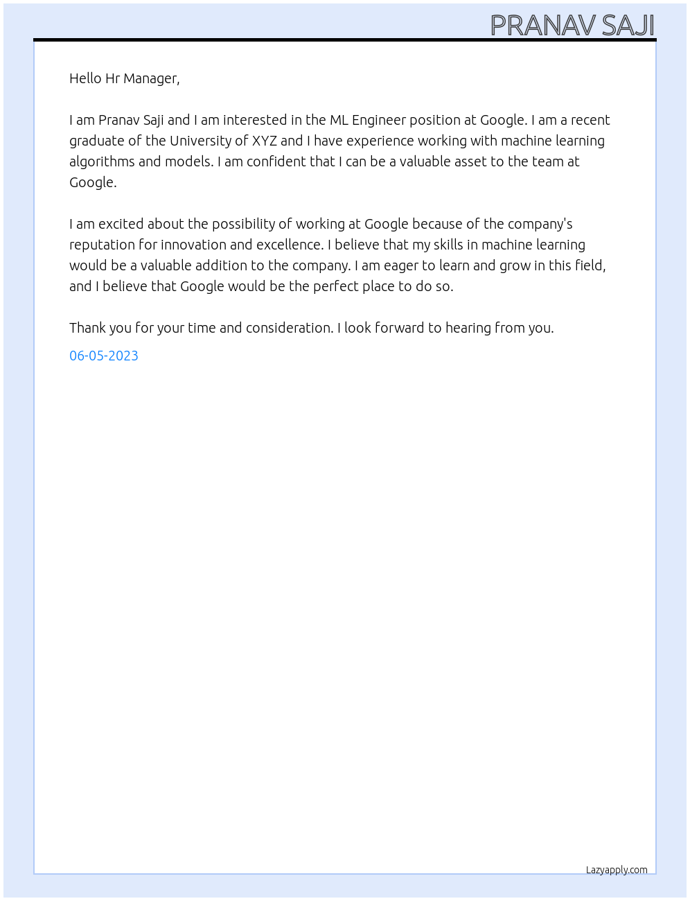ML Engineer At Google Cover Letter