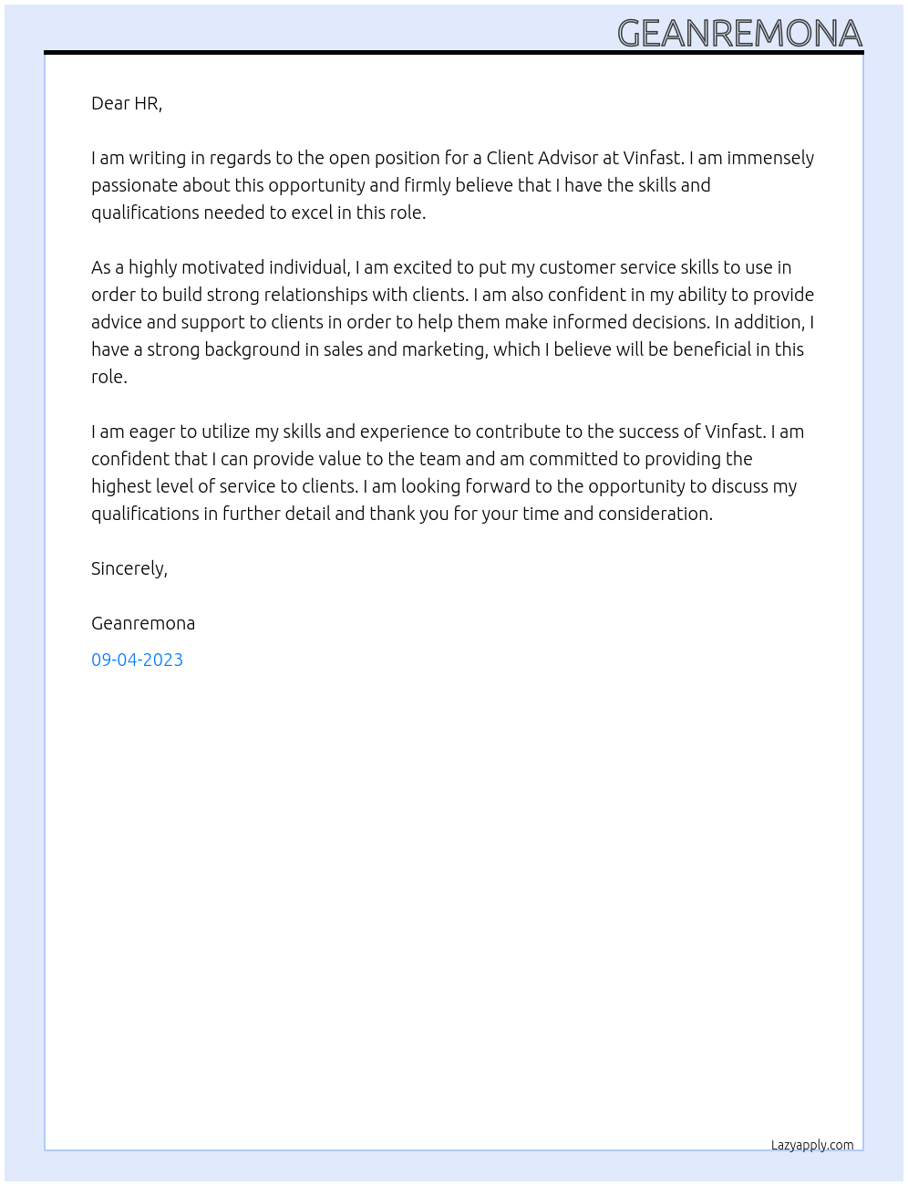 client advisor At Vinfast Cover Letter