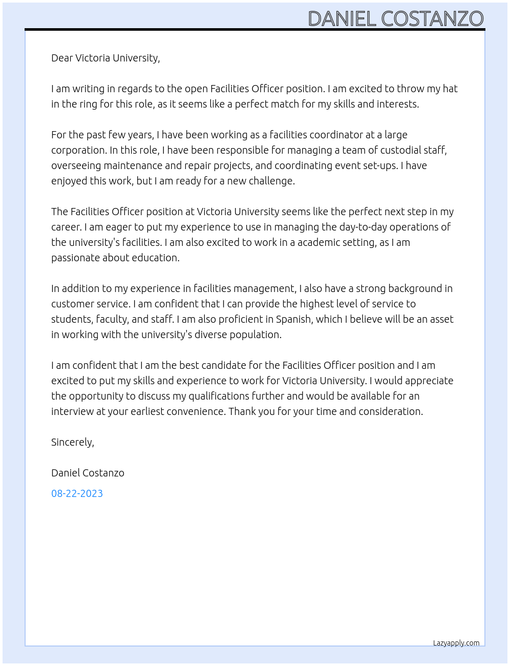 Facilities Officer  At Victoria University  Cover Letter