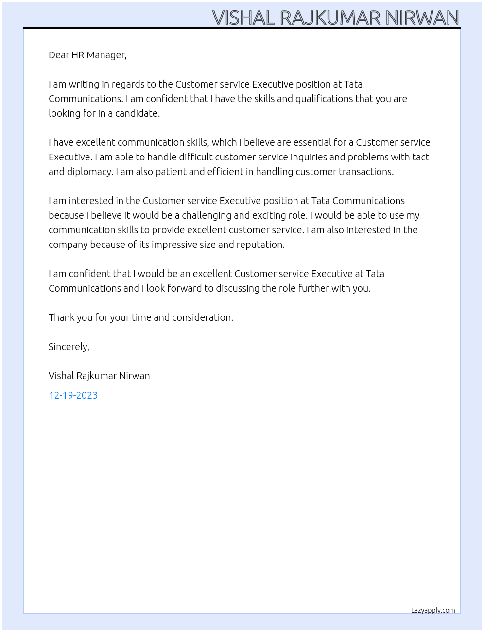 Customer service Executive At TATA COMMUNICATIONS Cover Letter