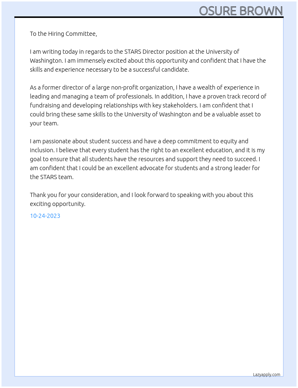 STARS DIRECTOR At University of Washington Cover Letter