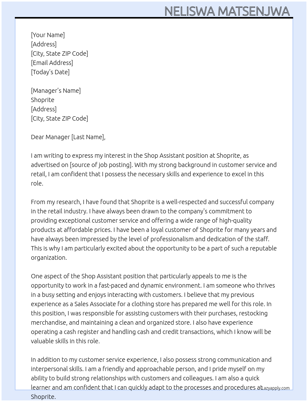 Shop Assistant At Shoprite Cover Letter