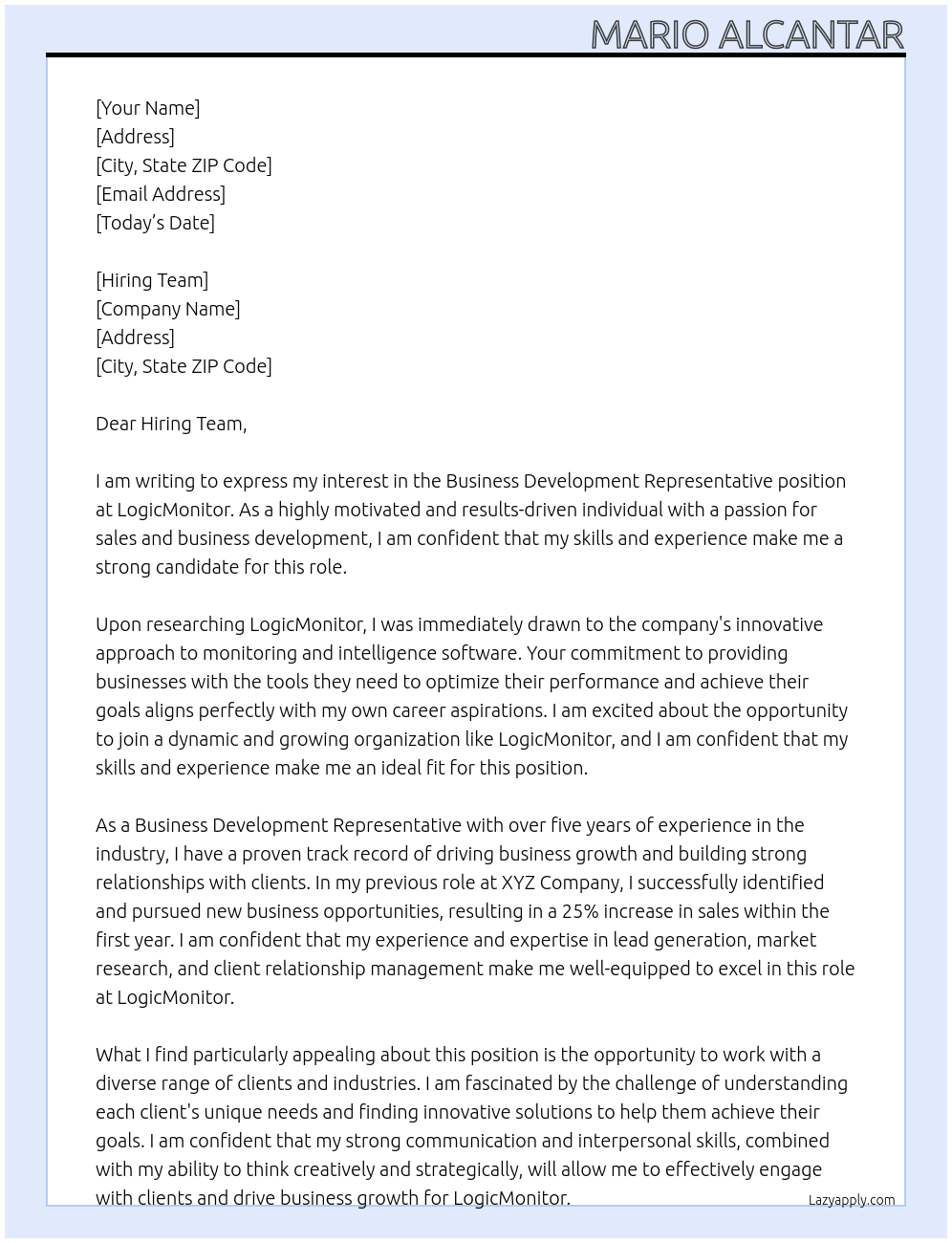 Business Development Representative At LogicMonitor Cover Letter