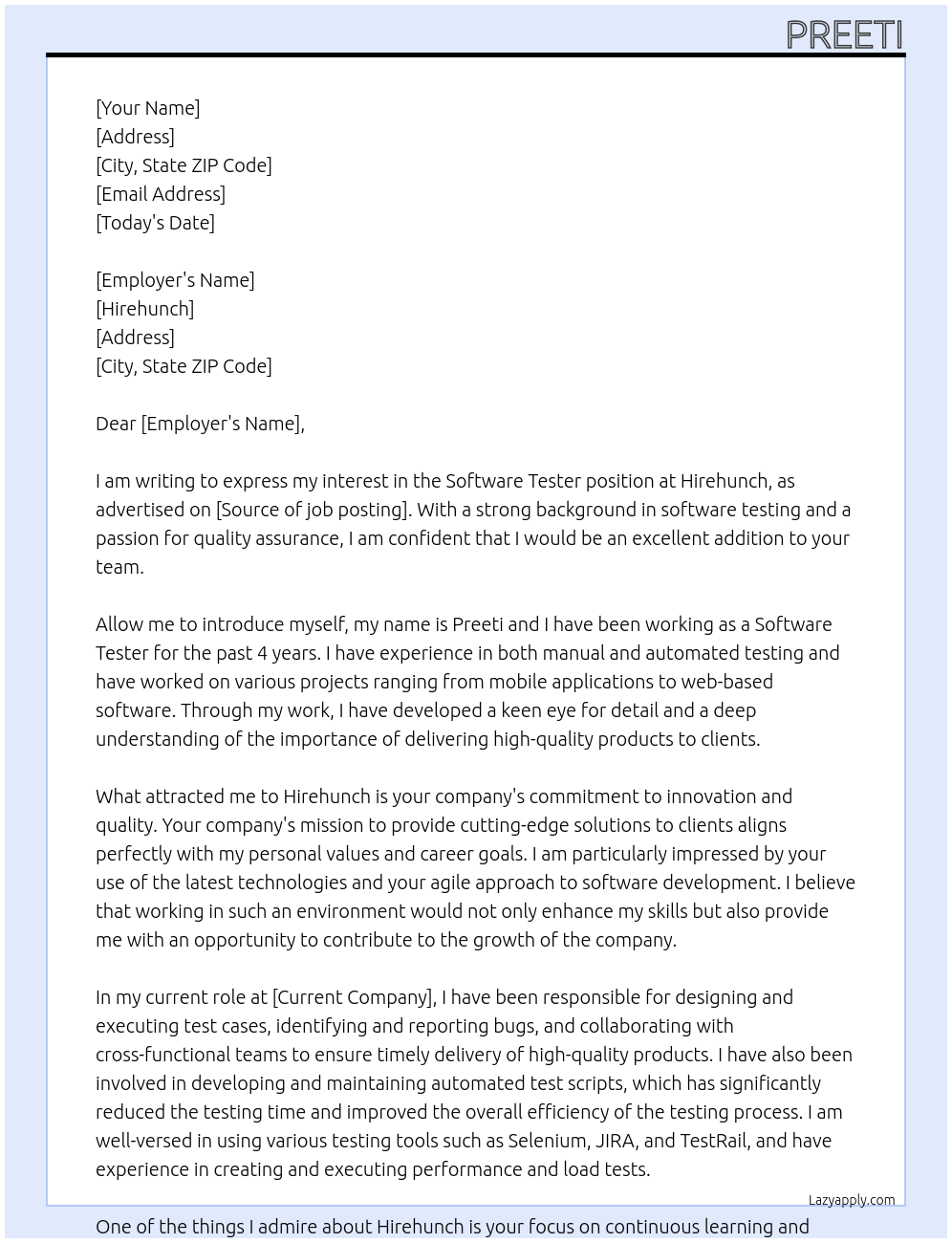Software tester At Hirehunch Cover Letter