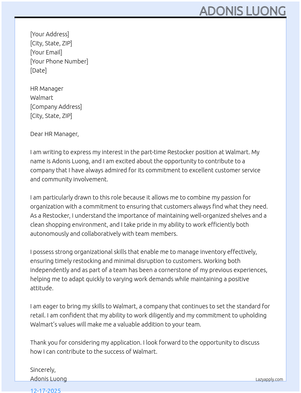 restocker At Walmart Cover Letter