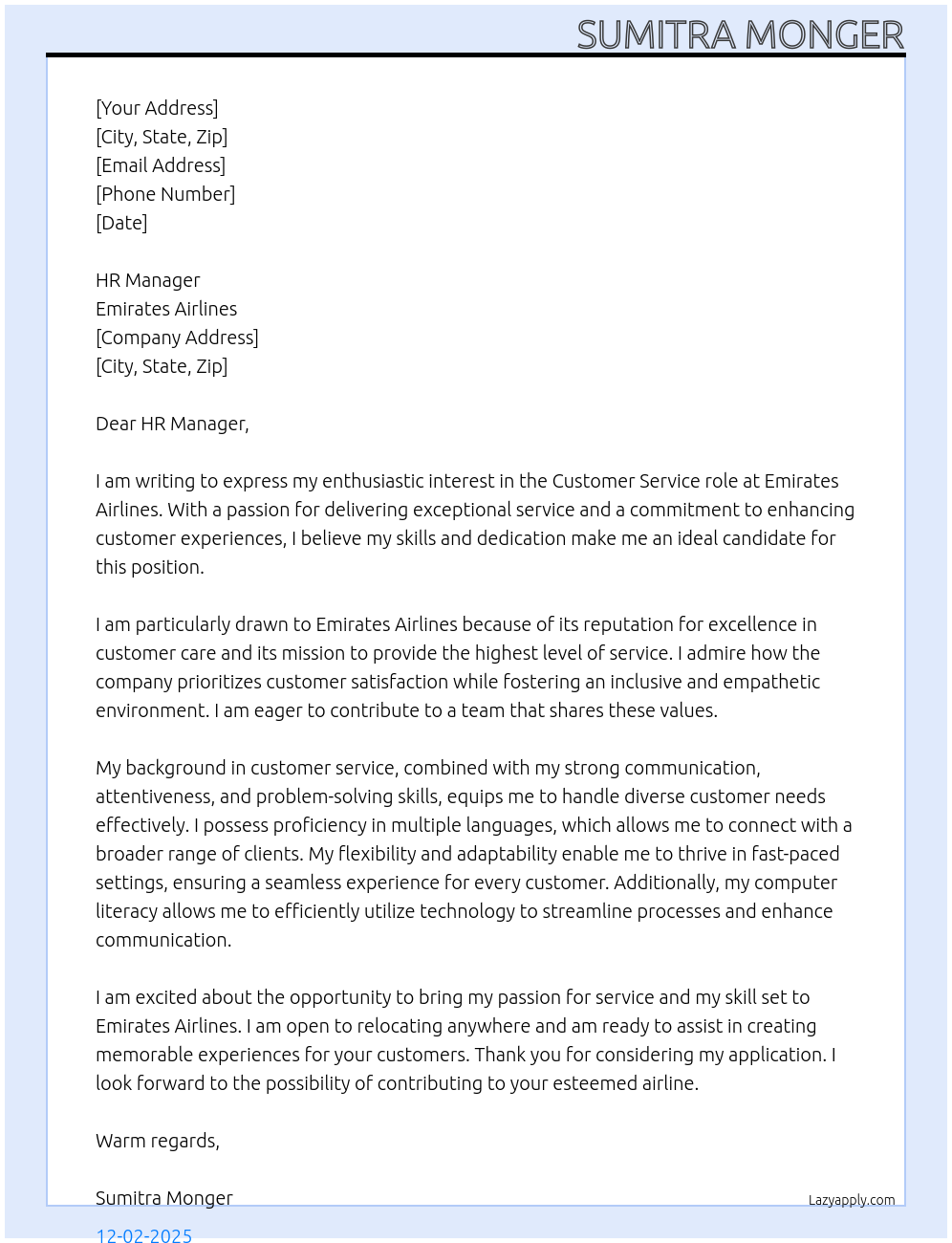 Cover letter for customer service role - LazyApply