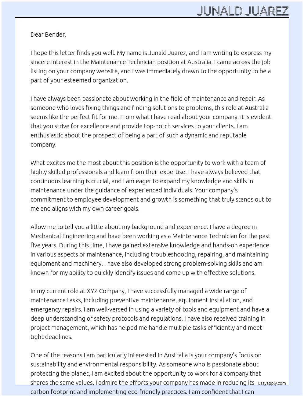 Maintenance Technician At Australia Cover Letter