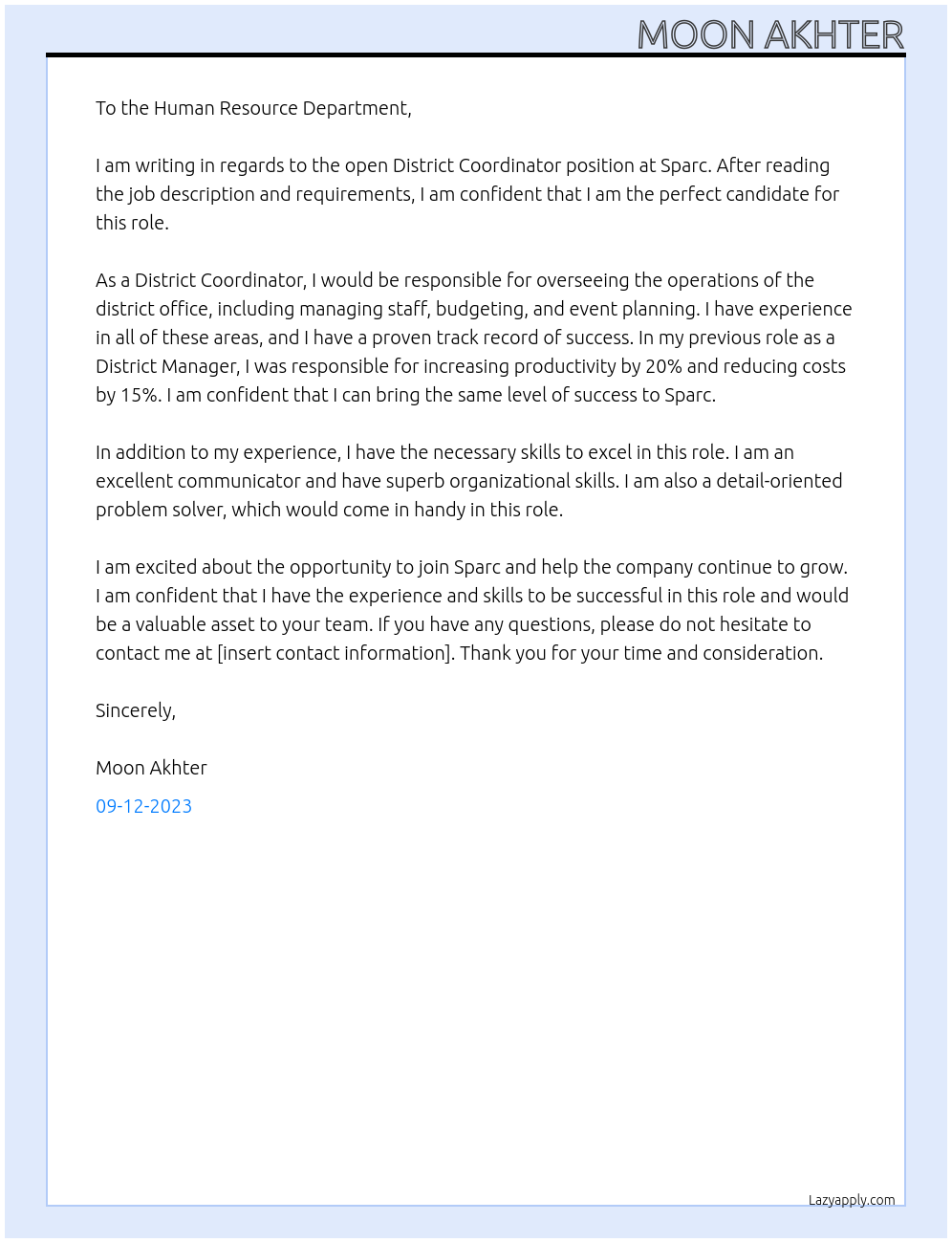 District Coordinator At Sparc Cover Letter