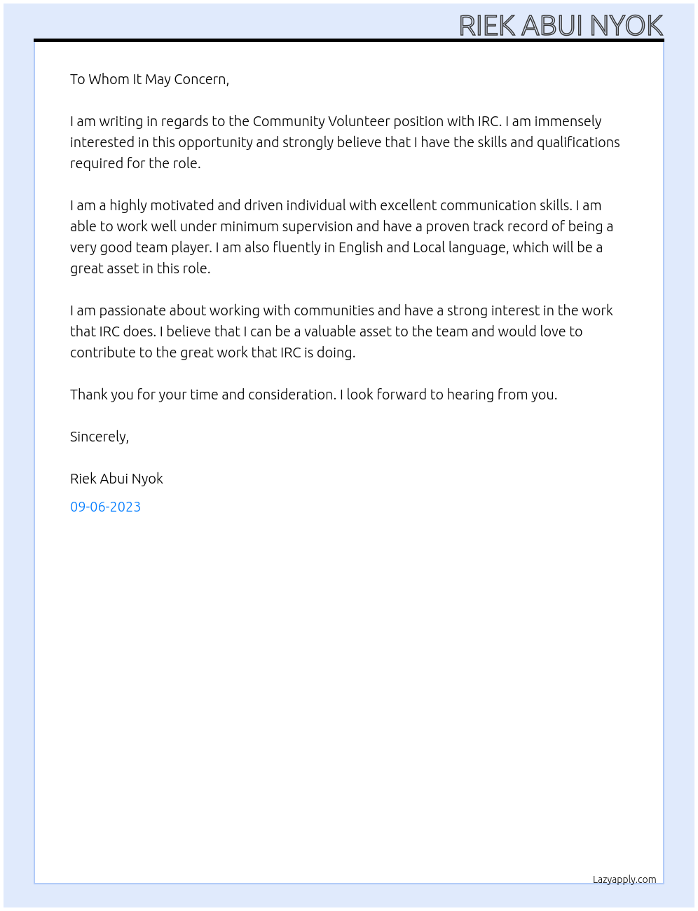 Community Volunteer  At IRC  Cover Letter