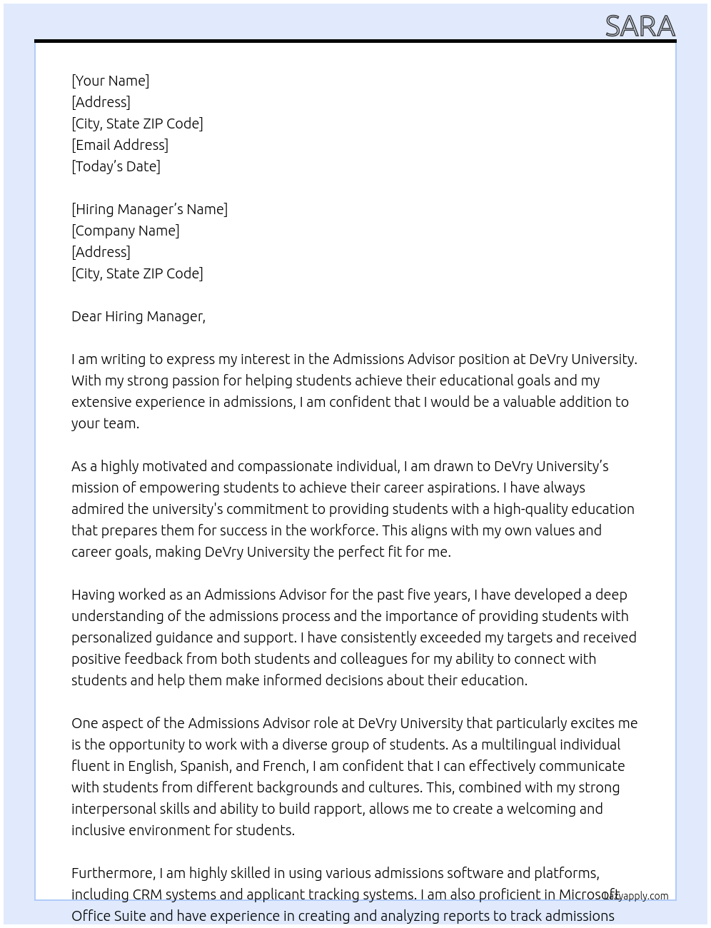 Admissions Advisor At DeVry University Cover Letter