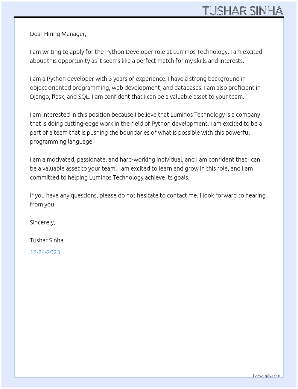Python Developer At Luminos Technology Cover Letter