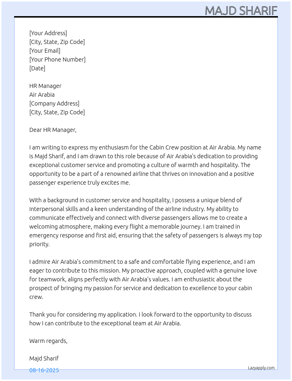 Cabin Crew At Air Arabia Cover Letter
