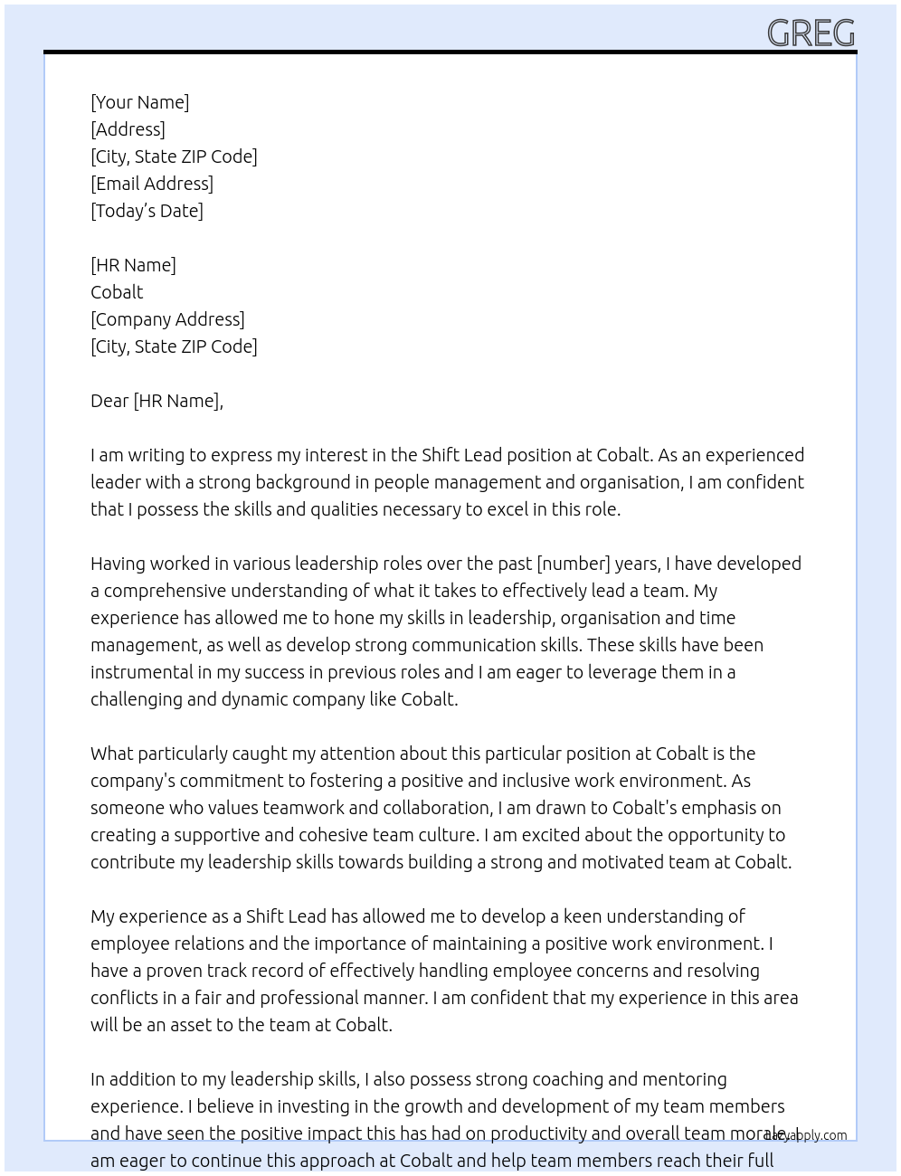 Shift lead At Cobalt Cover Letter