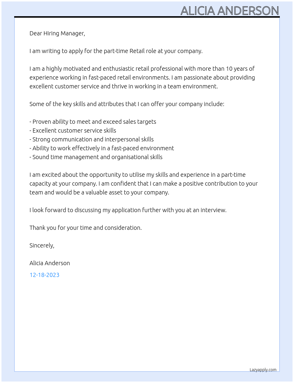 Retail At Retail shop Cover Letter