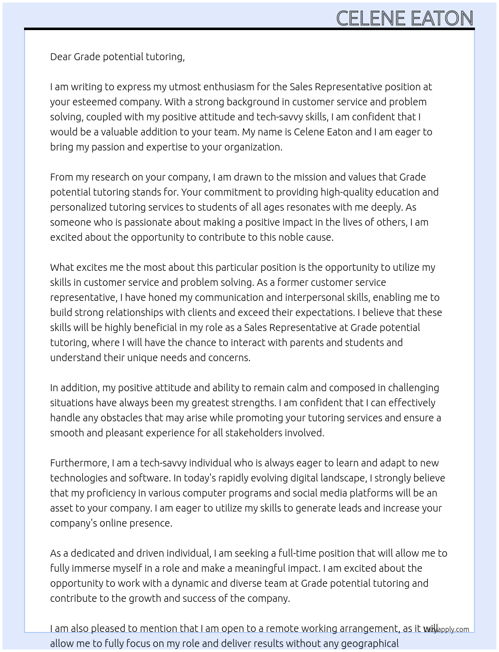 Sales rep At Grade potential tutoring  Cover Letter
