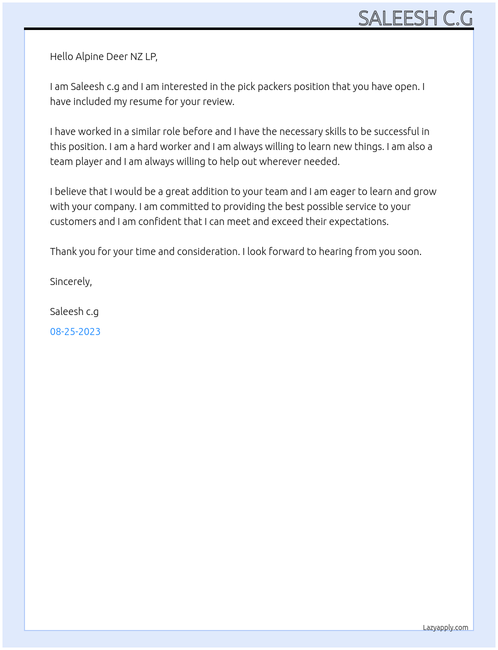 Pick packers At Alpine Deer NZ LP Cover Letter