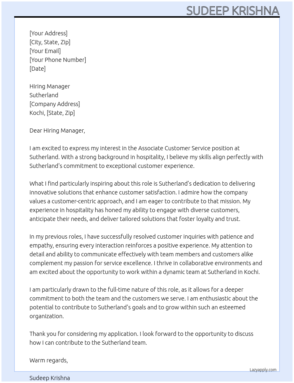 Associate customer service At Sutherland Cover Letter